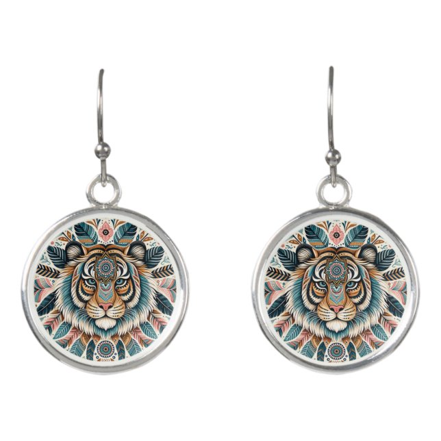 Boho mandala tiger feathers sister earrings (Front)