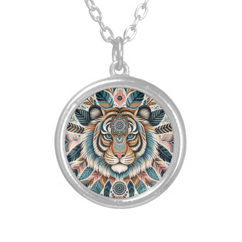 Boho mandala tiger feathers sister silver plated necklace
