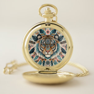 Boho mandala tiger feathers woman pocket watch