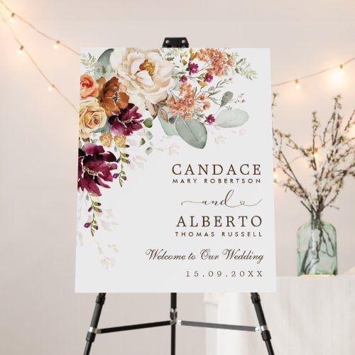 Boho Maroon Burnt Orange Floral Wedding Welcome Foam Board