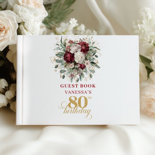 Boho Maroon Floral 80th Birthday Guest Book