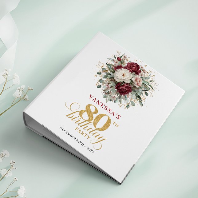 Boho Maroon Floral 80th Birthday Ring Binder (Boho Maroon Floral 80th Birthday Ring Binder)