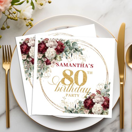 Boho Maroon Floral Gold 80th Birthday Napkins