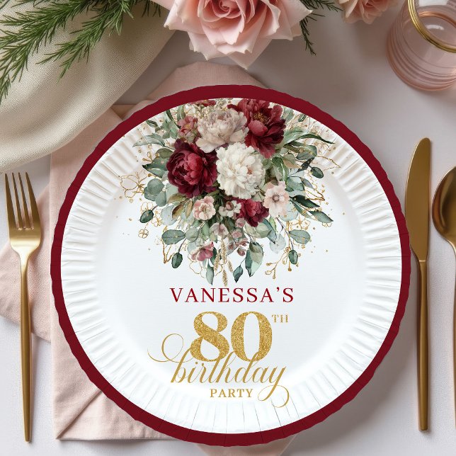 Boho Maroon Floral Gold 80th Birthday Paper Plates (Boho Maroon Floral Gold 80th Birthday Paper Plates)