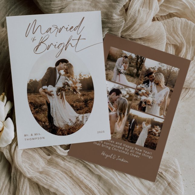Boho Married & Bright Elegant Script Christmas Holiday Card (Creator Uploaded)