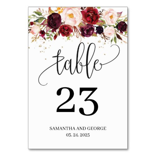 Boho marsala blush pink floral gold wedding table number