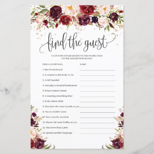 Boho marsala burgundy floral find the guest game