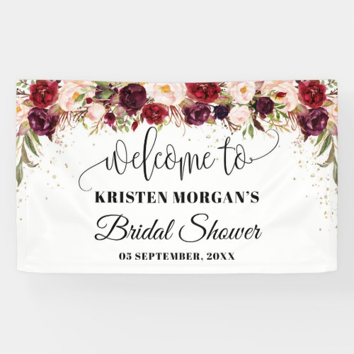 Boho marsala burgundy floral gold bridal shower banner