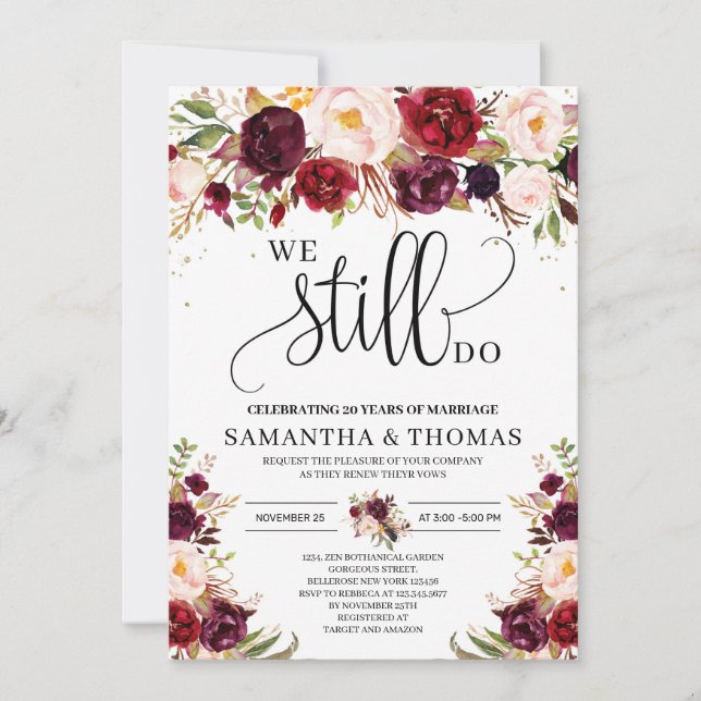 Boho marsala burgundy floral gold we still do vow invitation (Front)