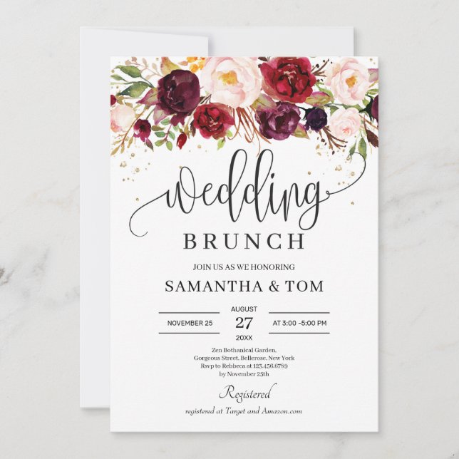 Boho marsala burgundy floral gold wedding brunch invitation (Front)