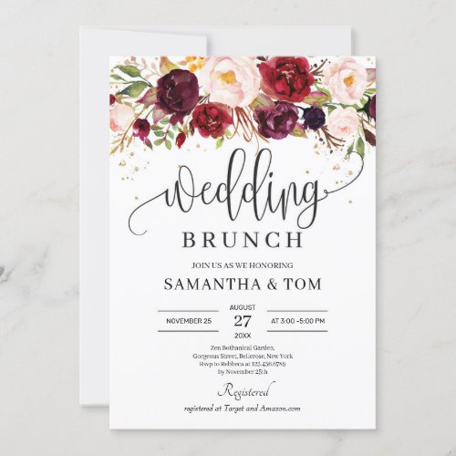 Boho marsala burgundy floral gold wedding brunch invitation