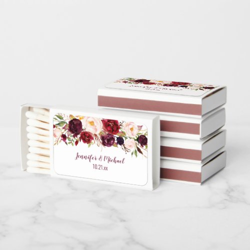 Boho Marsala Burgundy Floral Watercolor Wedding Matchboxes