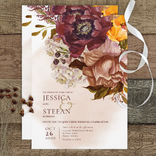 Boho Marsala Clay & Yellow Tan Bouquet Wedding Invitation