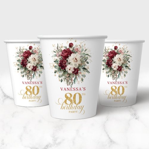 Boho Marsala Floral 80th Birthday Paper Cups