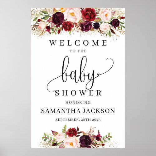 Boho marsala floral baby shower welcome sign