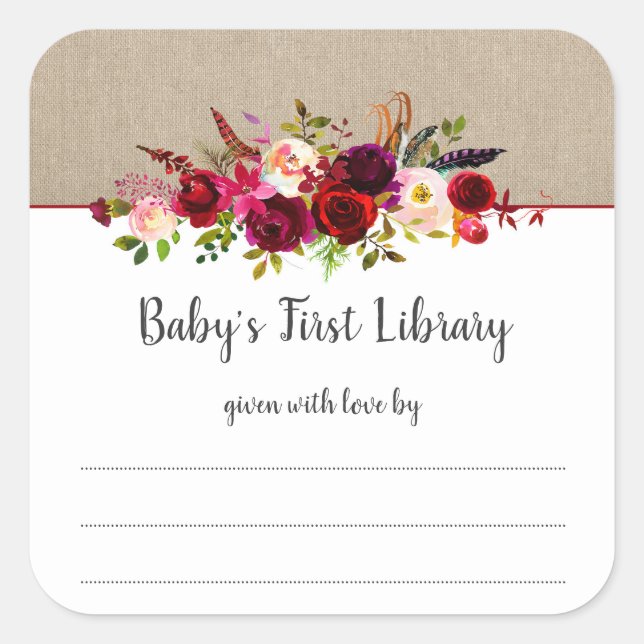 Boho marsala floral girl baby shower bookplate (Front)