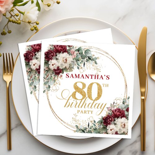 Boho Marsala Floral Gold 80th Birthday Napkins
