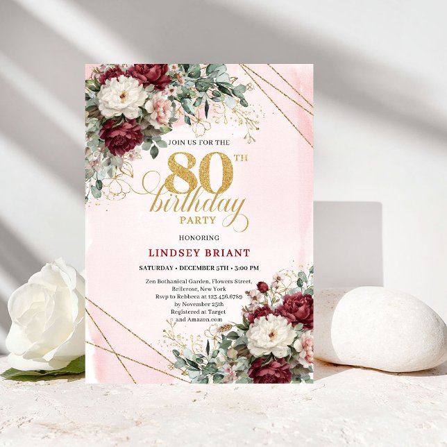 Boho Marsala Flowers Eucalyptus 80th Birthday Invitation (Boho Marsala Flowers Eucalyptus 80th Birthday)