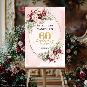 Boho Marsala Gold Floral Burgundy 60th Welcome Foam Board