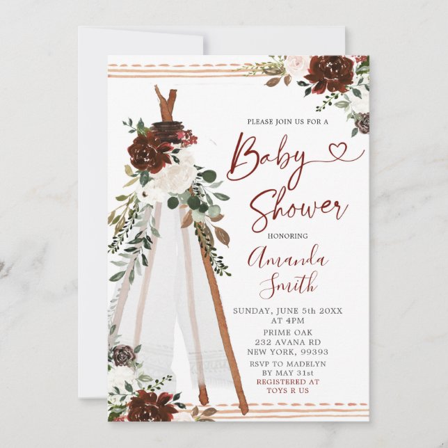 Boho Marsala Teepee baby shower Invitation (Front)