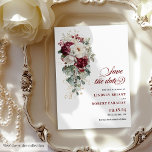 Boho marsala white gold floral save the date card<br><div class="desc">✅ For matching items search 208W in my collections ✅ Celebrate your love with this boho watercolor wedding invitation, featuring burgundy and white roses accented with gold leaves. Designed in a luxurious palette of burgundy, marsala, maroon, deep red, blush, and gold, this invitation combines romantic elegance with boho charm, perfect...</div>