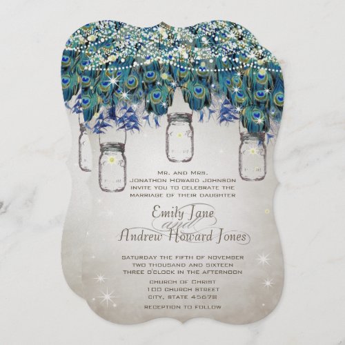 Boho Mason Jar Navy Turquoise Peacock Invitation