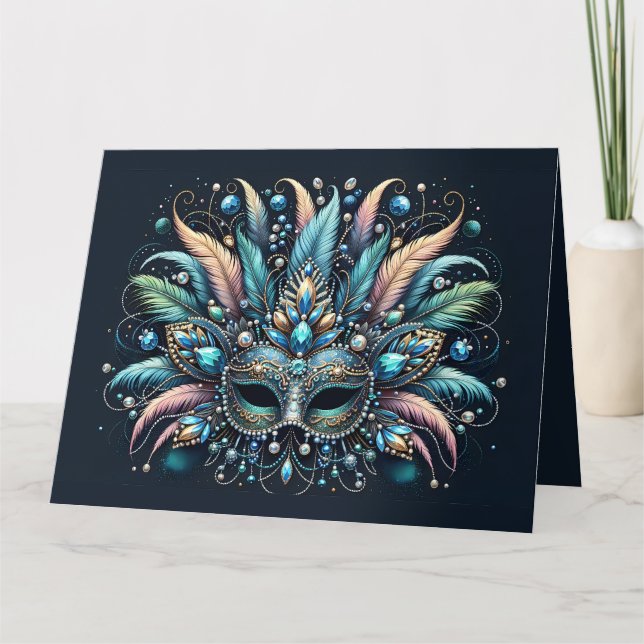 Boho Masquerade Feather Jewel Mask Card (Front)