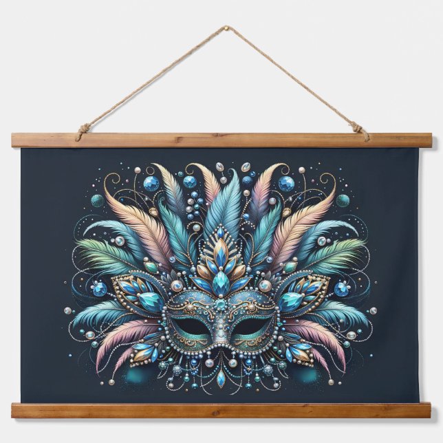 Boho Masquerade Feather Jewel Mask Hanging Tapestry (Front)