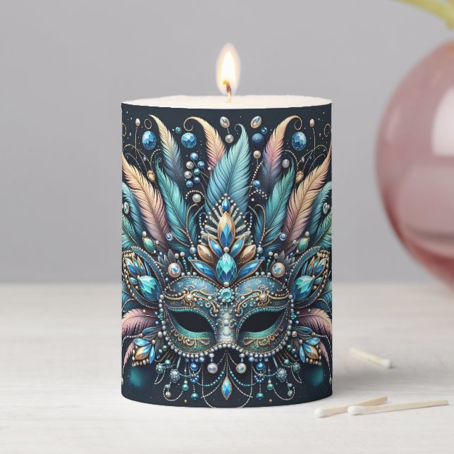 Boho Masquerade Feather Jewel Mask Pillar Candle (In Situ)