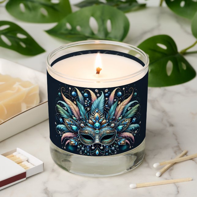 Boho Masquerade Feather Jewel Mask Scented Candle (Lit)