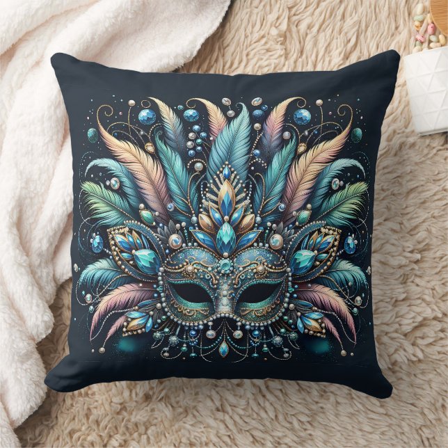 Boho Masquerade Feather Jewel Mask Throw Pillow (Blanket)