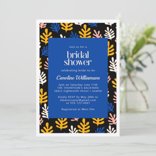 Boho Matisse Botanical Blue Black Bridal Shower In Invitation