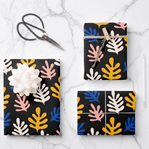Boho Matisse Botanical Shapes in Black Pink Blue Wrapping Paper Sheets