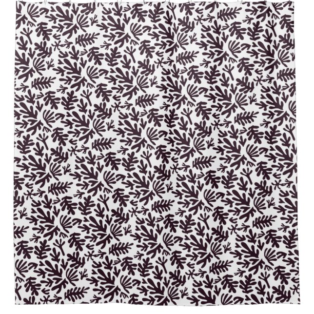Boho Matisse Botanical Shapes Pattern Black Gray Shower Curtain (Front)