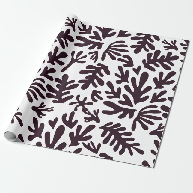 Boho Matisse Botanical Shapes Pattern Black White Wrapping Paper (Unrolled)
