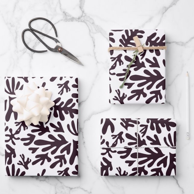 Boho Matisse Botanical Shapes Pattern Black White Wrapping Paper Sheets (Front)