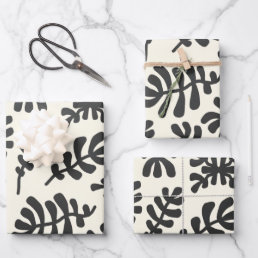 Boho Matisse Botanical Shapes Pattern Black White Wrapping Paper Sheets
