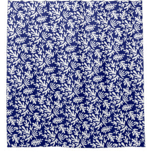 Boho Matisse Botanical Shapes Pattern Navy Blue Shower Curtain
