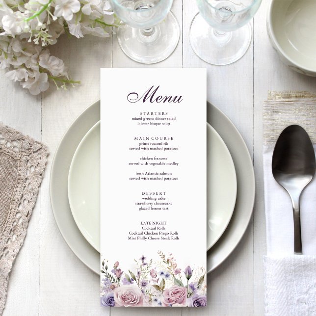 Boho Mauve and Lilac Floral Wedding Menu Card (Boho Mave and Lilac Floral Wedding Menu Card on an elegant silver grey wedding table with flowers.)