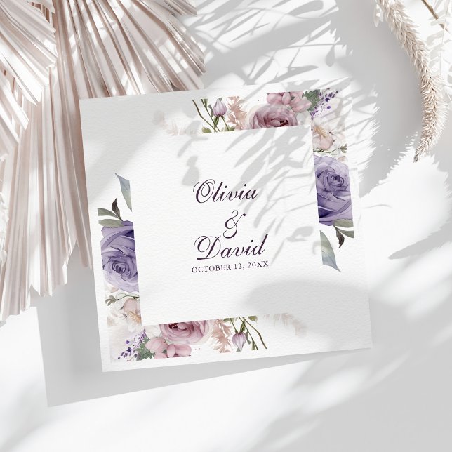 Boho Mauve and Lilac Floral Wedding Paper Dinner Napkins (Boho Mauve and Lilac Floral Wedding Paper Dinner Napkins on a sunny table with white dry botanicals)