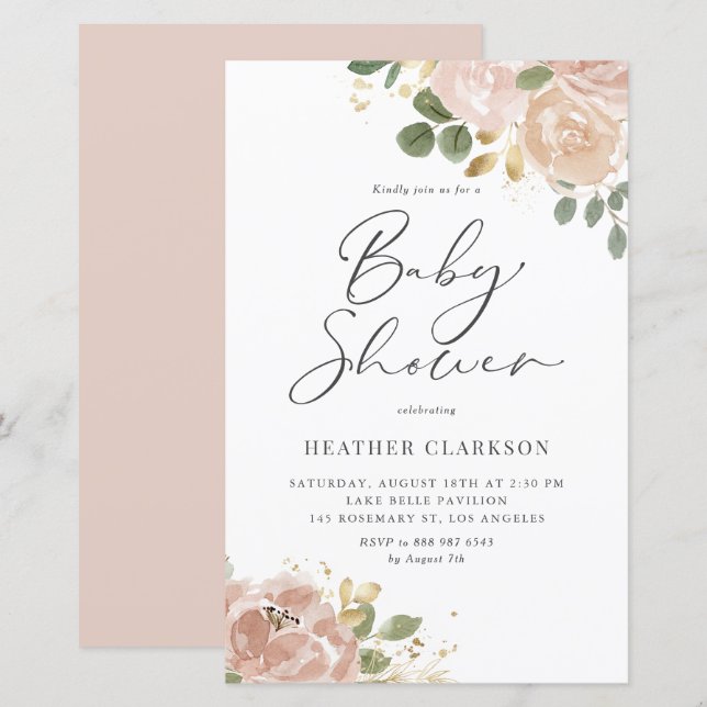 Boho Mauve Peach Floral Baby Shower Invitation (Front/Back)