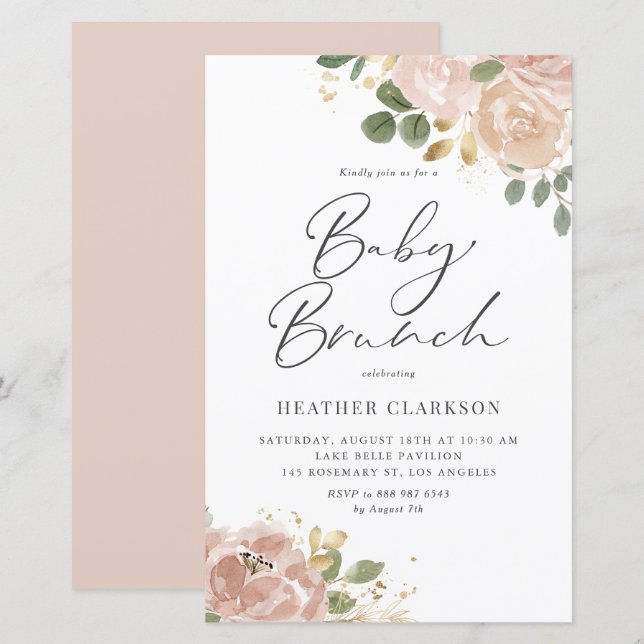Boho Mauve Peach Flowers Baby Brunch Invitation (Front/Back)