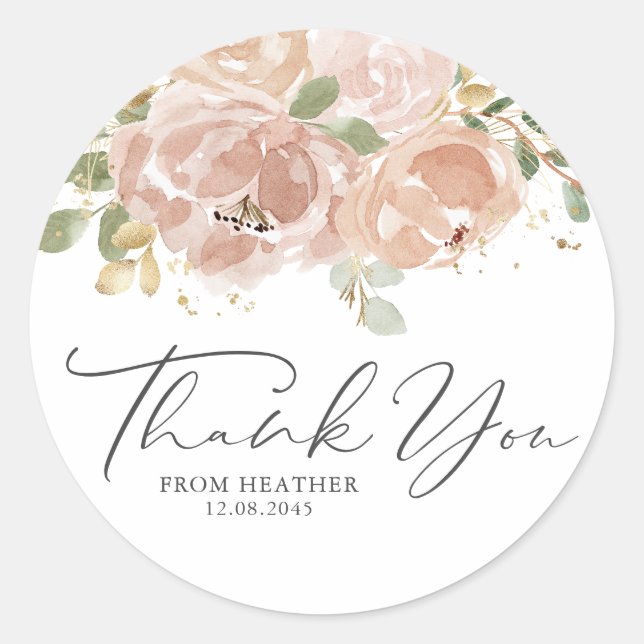 Boho Mauve Peach Flowers Birthday Thank You Classic Round Sticker (Front)