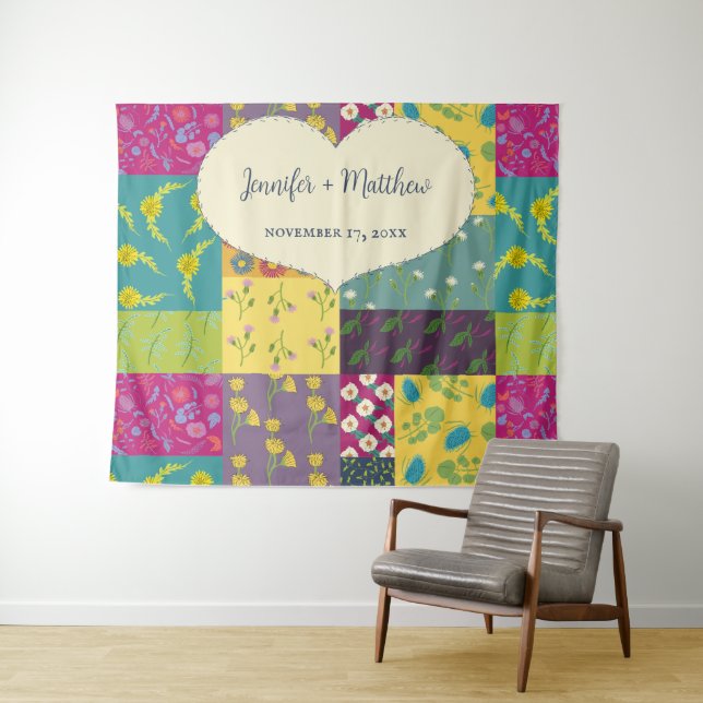 Boho Maximalist Patchwork Quilt Wedding Tapestry (In Situ (Horizontal))