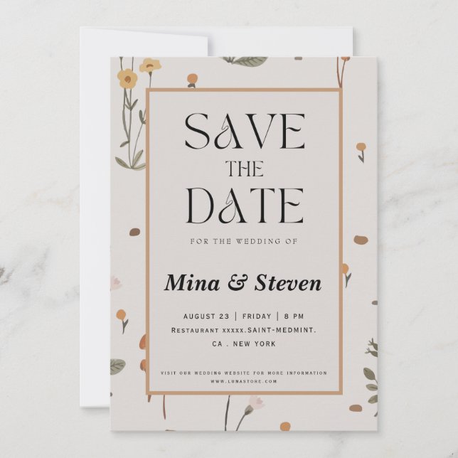 Boho Meadow Wildflower beige Wedding Save The Date (Front)