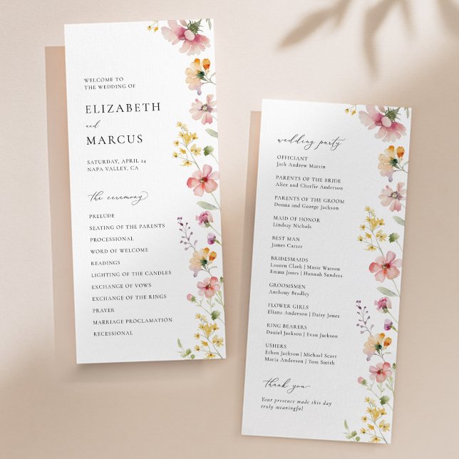 Boho Meadow Wildflower Wedding Program (Boho meadow wildflower wedding program with pastel florals and elegant serif typography)