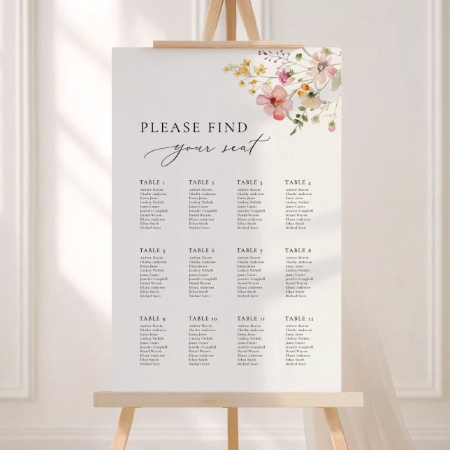 Boho Meadow Wildflower Wedding Seating Chart Foam Board (Boho meadow wildflower seating chart sign with soft pastel florals and elegant serif typography)