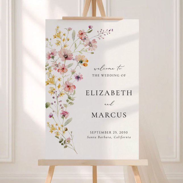 Boho Meadow Wildflower Wedding Welcome Sign (Boho meadow wildflower wedding welcome sign with soft watercolor florals, elegant typography)
