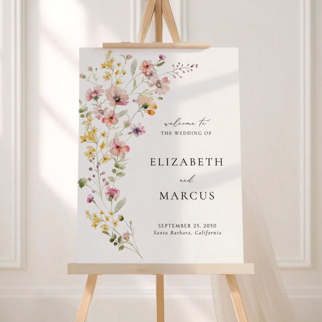 Boho Meadow Wildflower Wedding Welcome Sign 18x24 (Boho meadow wildflower wedding welcome sign with soft watercolor florals)