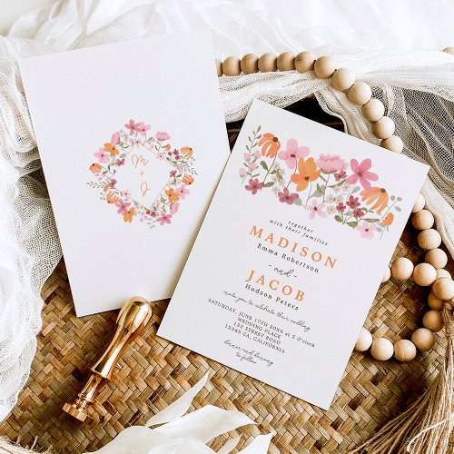Boho meadow wildflowers initials wedding invitation